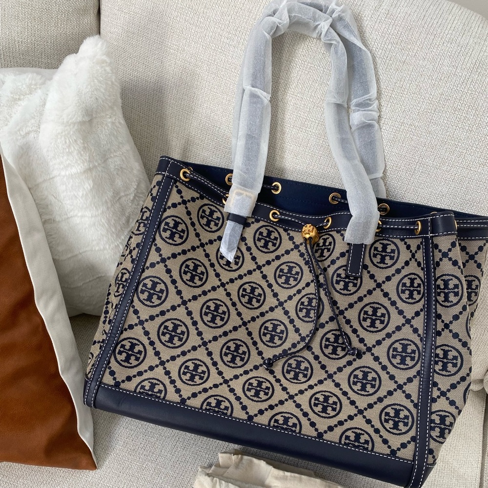 Brand New Tory Burch T Monogram Jacquard Tote Bag - Navy Blue